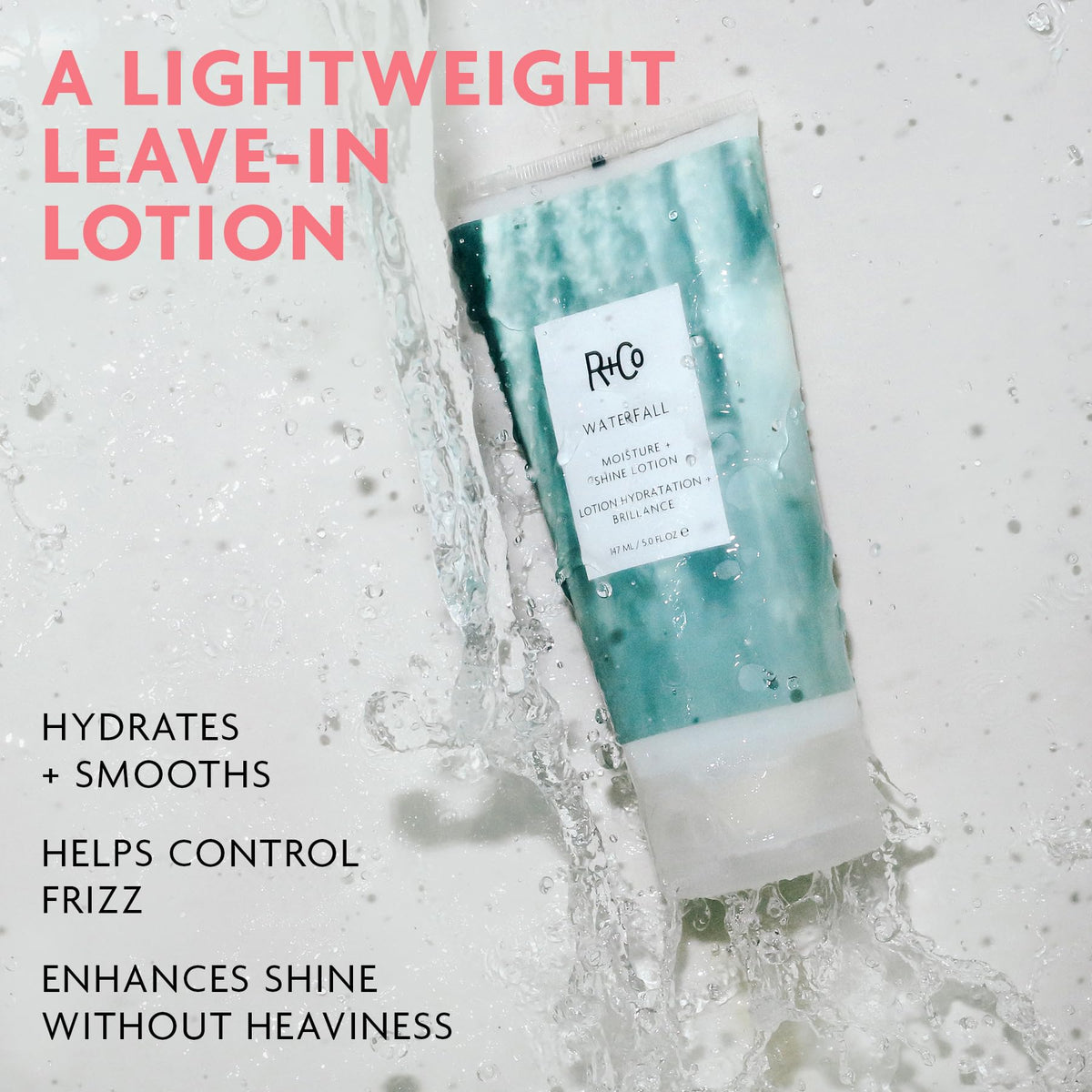 R+Co Waterfall being applied to damp hair for smoother styling