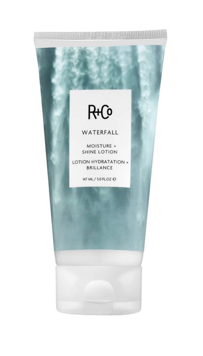 R+Co Waterfall front packaging showing product and shine benefits
