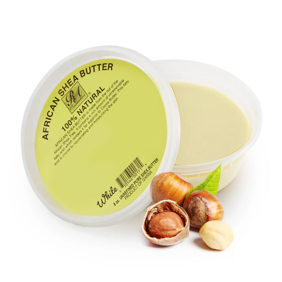 RA COSMETICS front jar of 8 oz raw shea butter showing clean packaging and natural product benefits