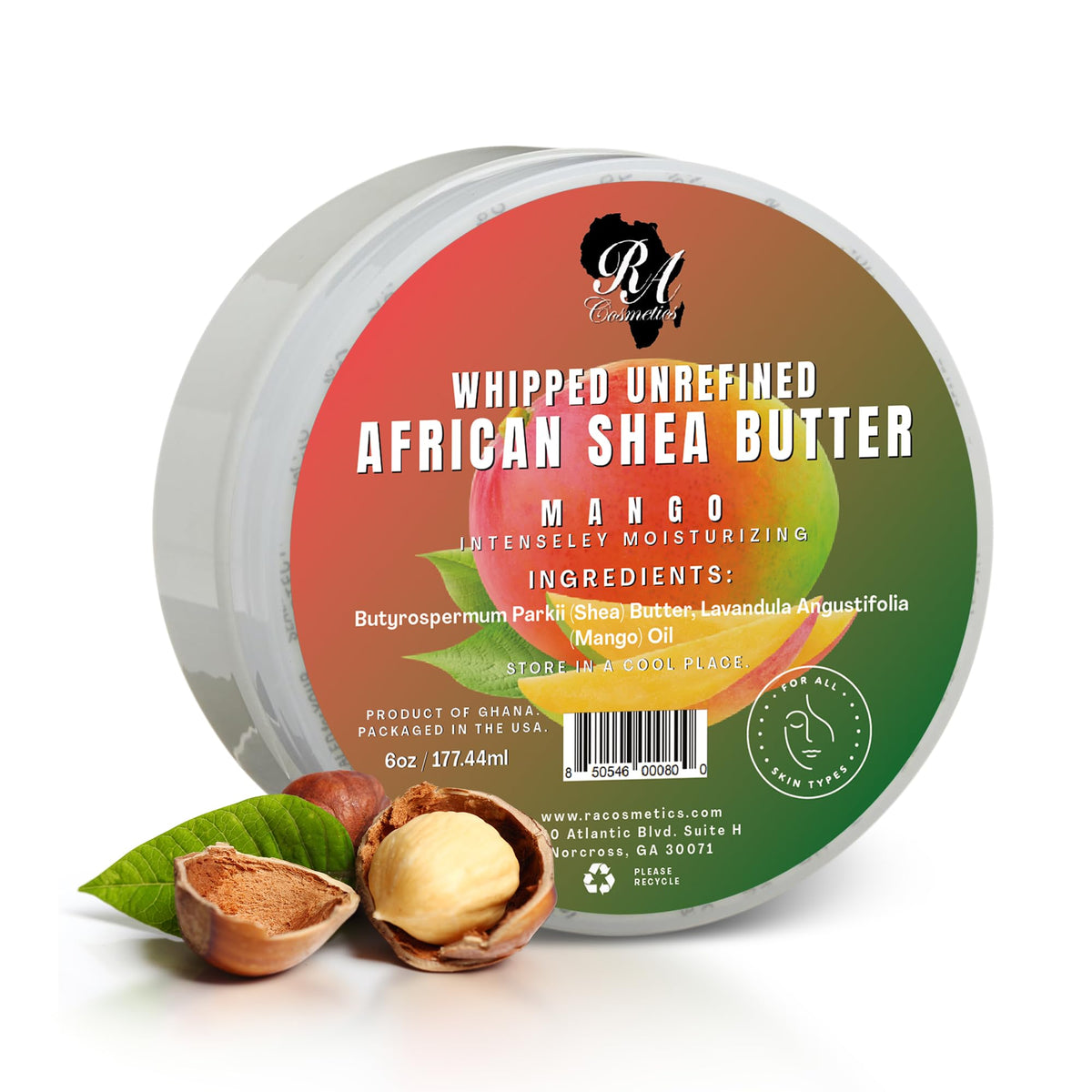 RA COSMETICS front jar with mango scent showing clean packaging benefit