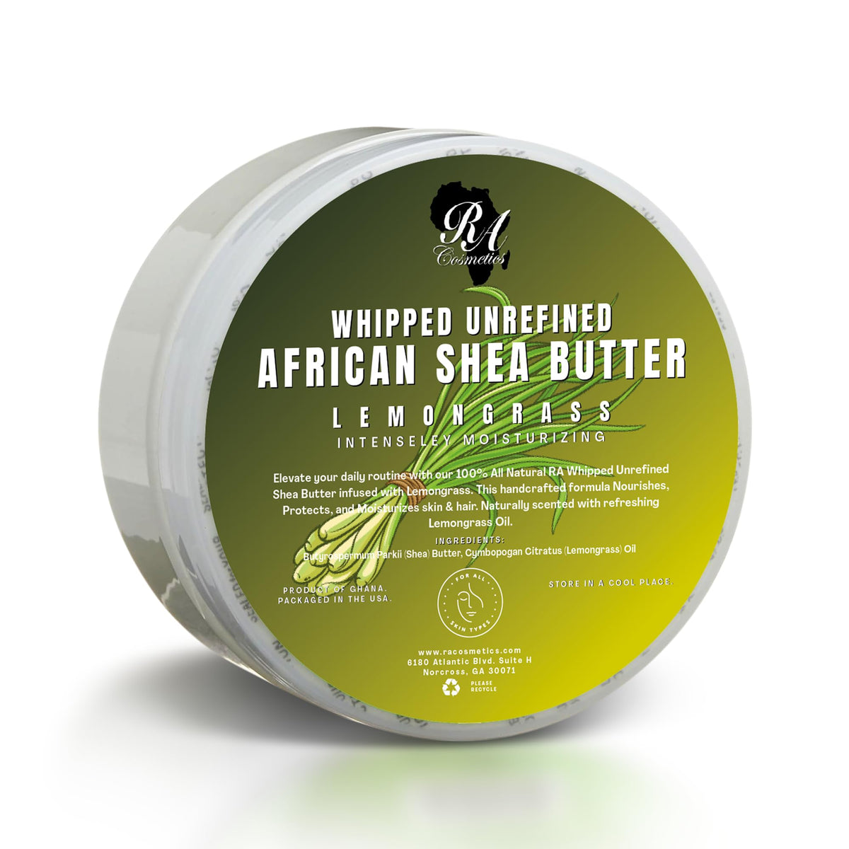 RA COSMETICS jar front view showing label and lemongrass scent benefit