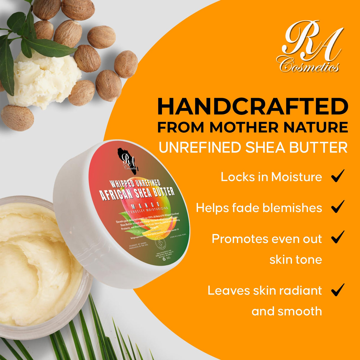 RA COSMETICS open jar top view revealing creamy unrefined shea for nutrient-rich care