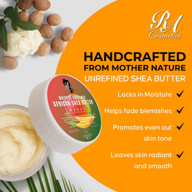 RA COSMETICS open jar top view revealing creamy unrefined shea for nutrient-rich care