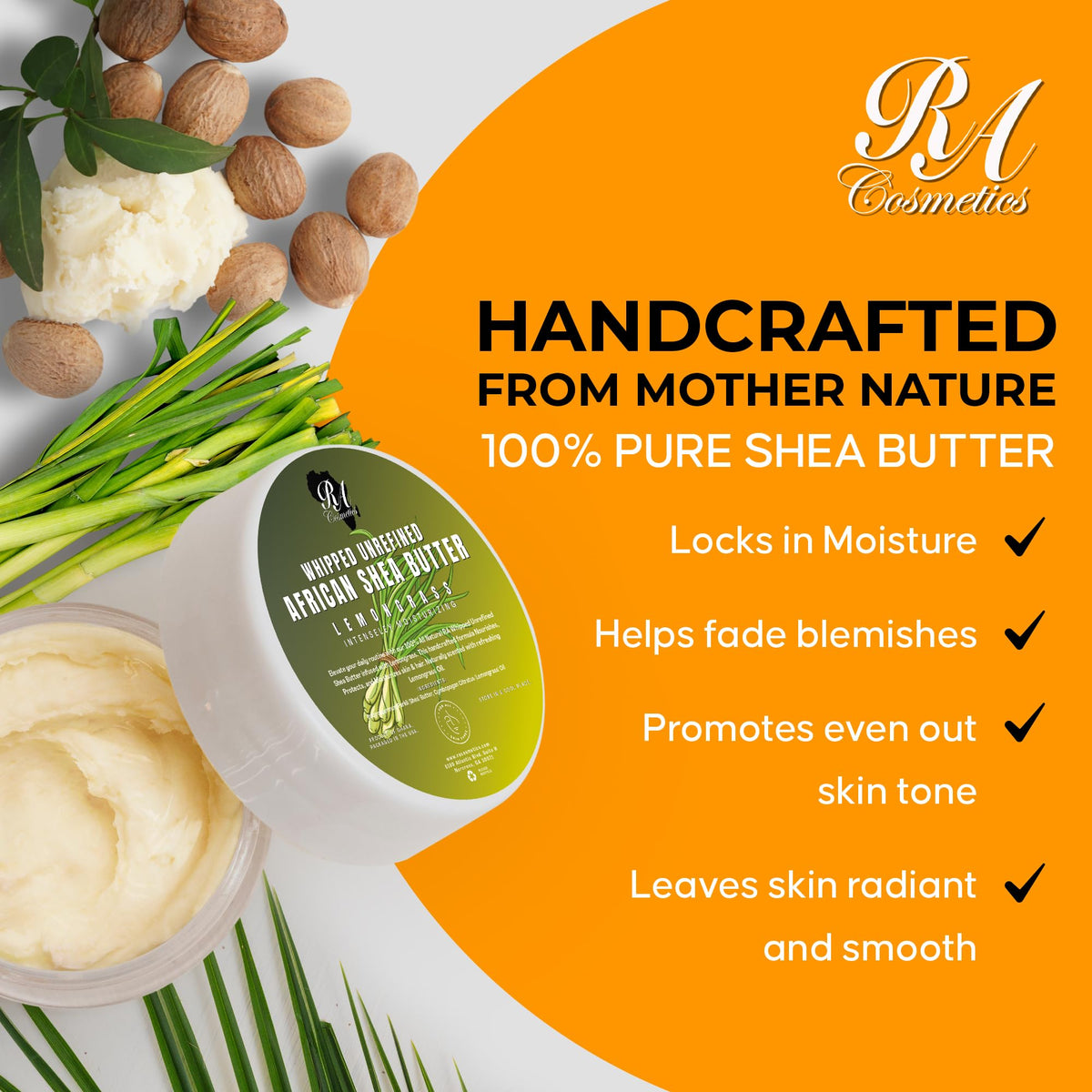 RA COSMETICS open jar top view displaying creamy pure shea butter
