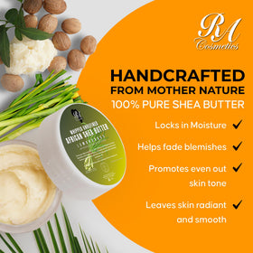 RA COSMETICS open jar top view displaying creamy pure shea butter