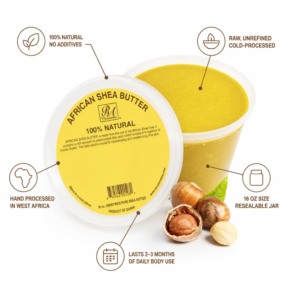 RA COSMETICS open 16oz jar revealing unrefined shea butter ready for use