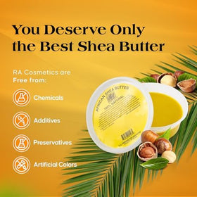RA COSMETICS shea butter with raw shea nuts illustrating Ghanaian sourcing