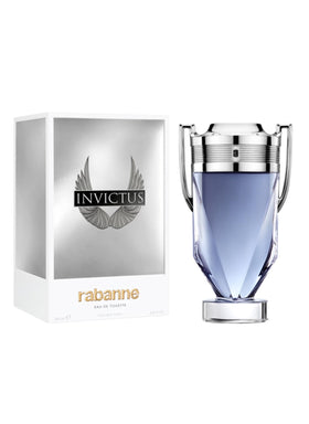 Rabanne Invictus bottle angled with cap off highlighting spray nozzle benefit