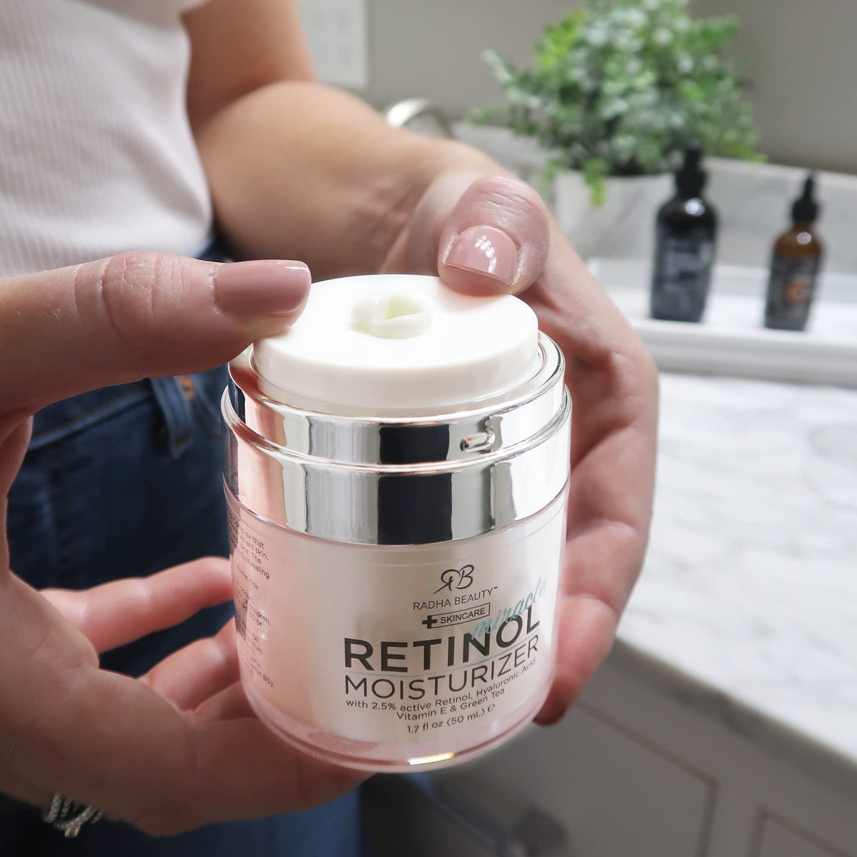 Radha Beauty ingredients label close-up showing retinol, hyaluronic acid benefit