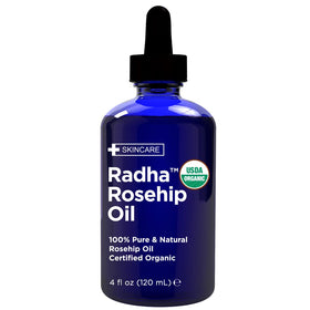 Radha Beauty label closeup listing ingredients and purity assurance