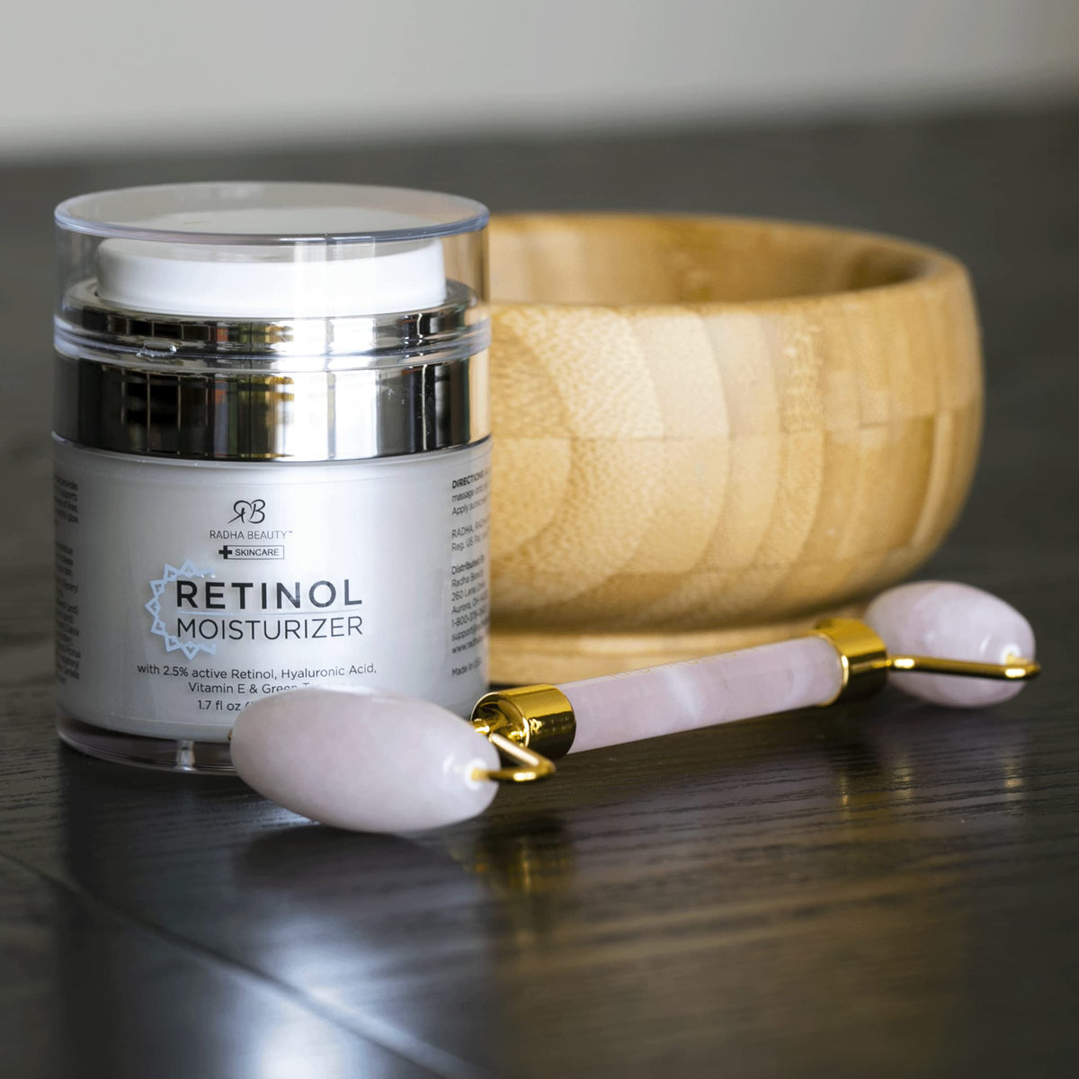 Radha Beauty on bathroom vanity staged with towel showing everyday routine benefit