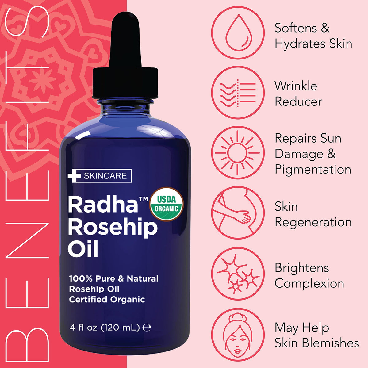 Radha Beauty bottle next to common items for size comparison and portability