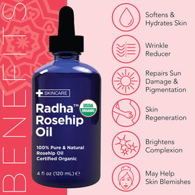 Radha Beauty bottle next to common items for size comparison and portability