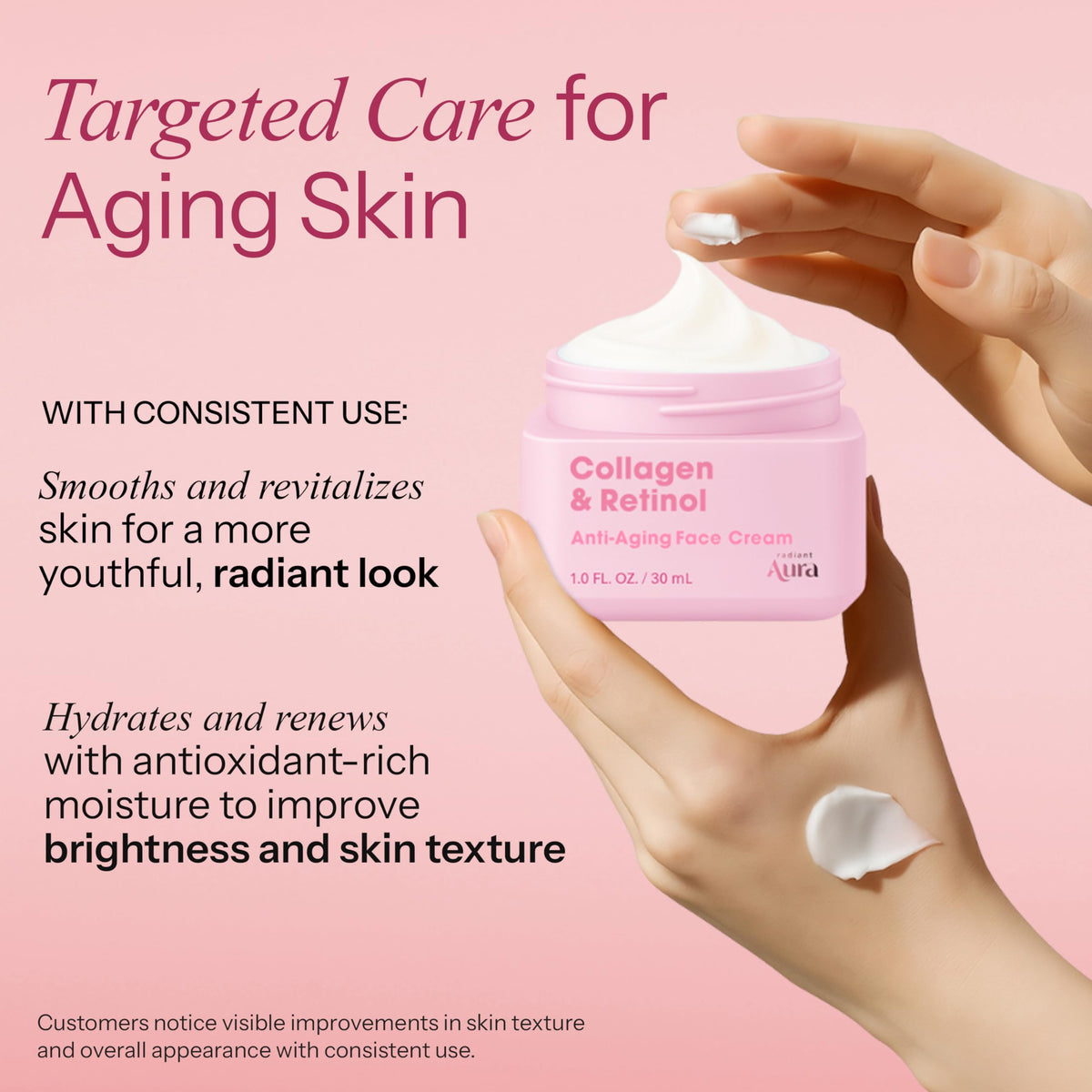 Radiant Aura application in hand demonstrating lightweight spread and immediate skin comfort