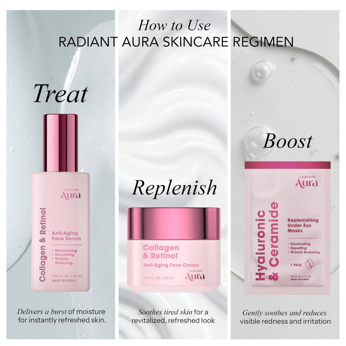 Radiant Aura on bathroom vanity styled lifestyle shot promoting daily skincare ritual benefits