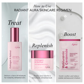 Radiant Aura on bathroom vanity styled lifestyle shot promoting daily skincare ritual benefits