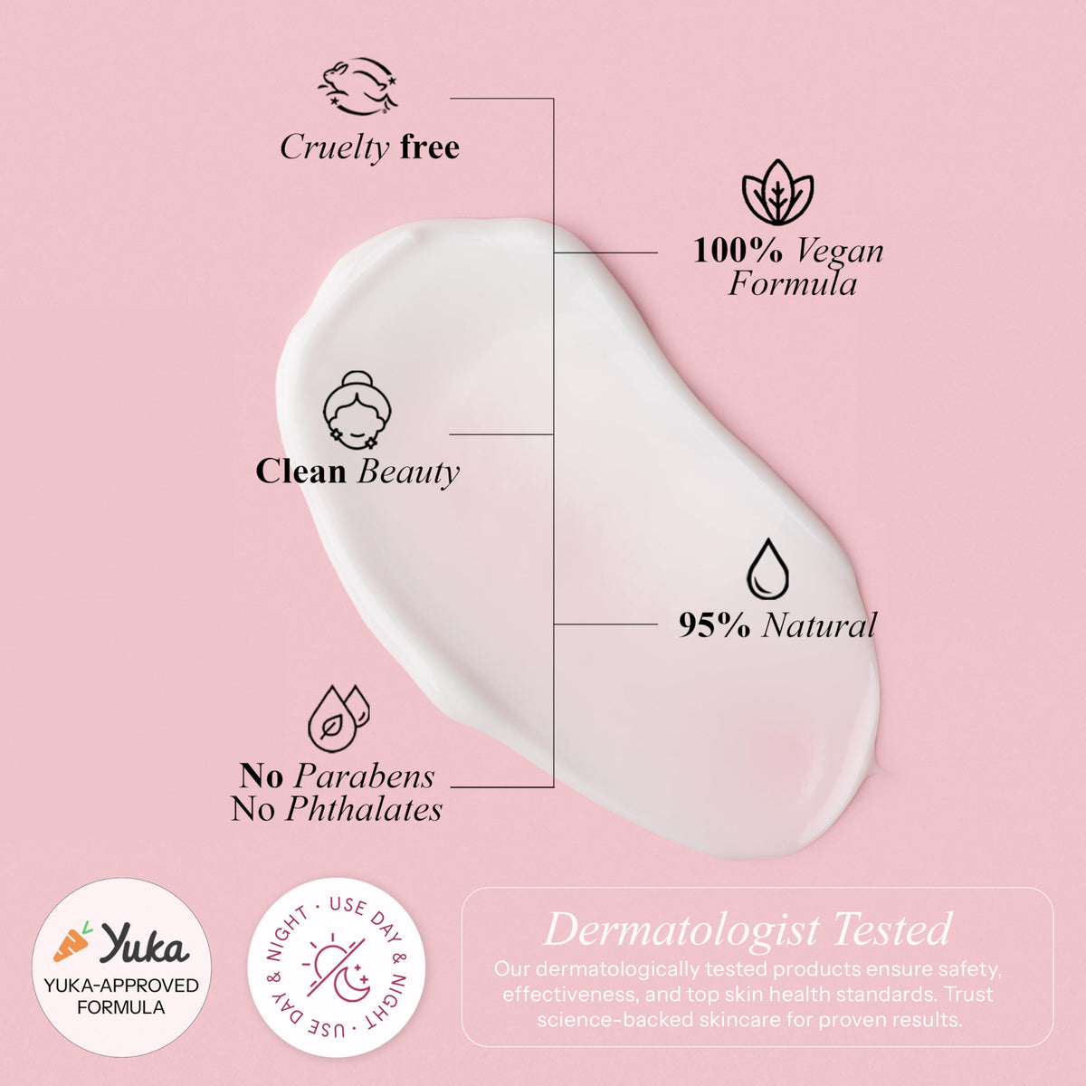 Radiant Aura packaging label detail showing ingredient claims and dermatologist-tested reassurance