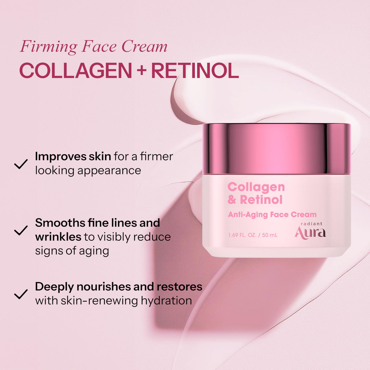 Radiant Aura cream texture close-up highlighting silky finish and fast absorption benefit