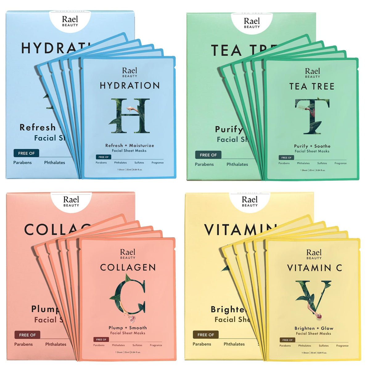 Rael front packaging showing full 20-sheet variety pack and benefits