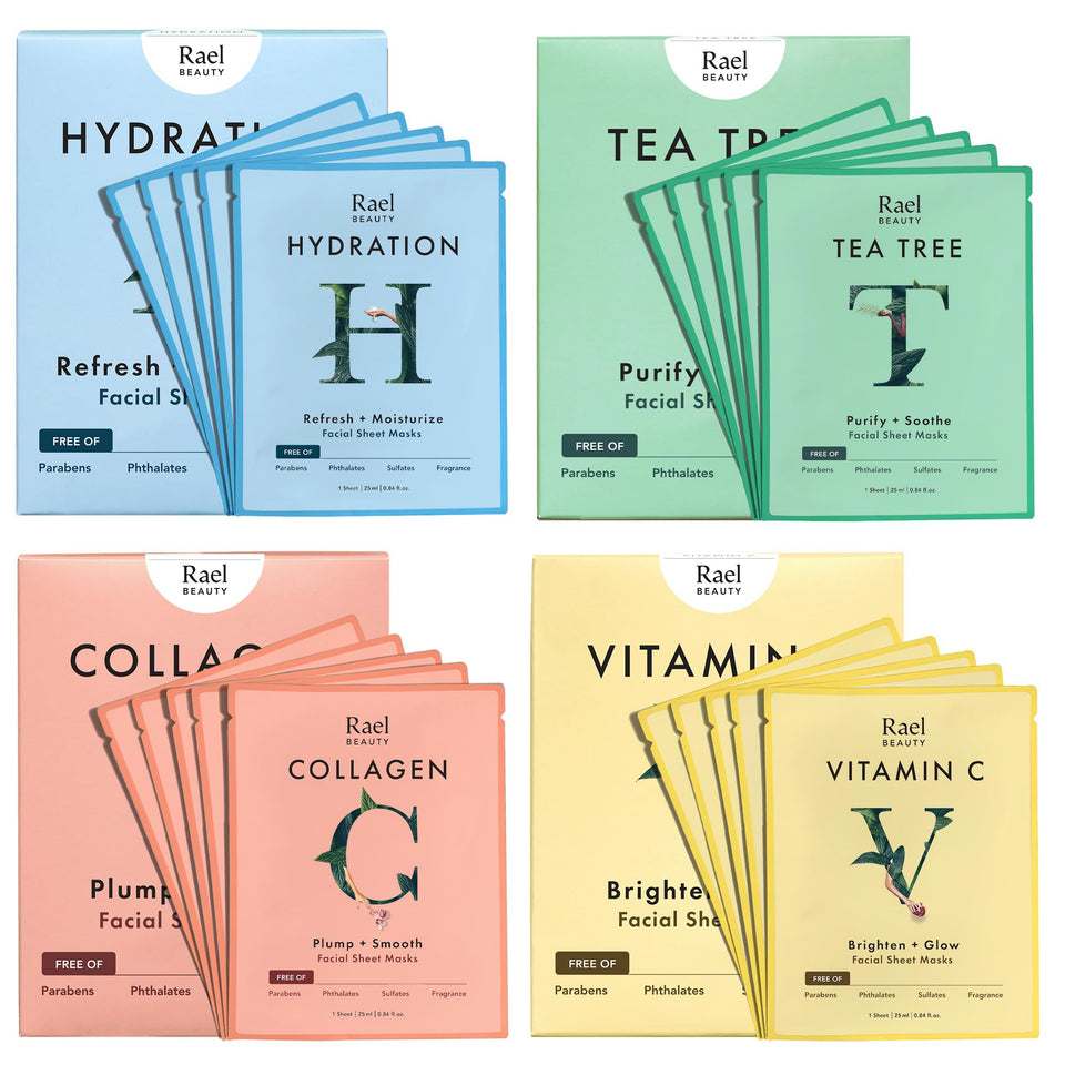 Rael front packaging showing full 20-sheet variety pack and benefits