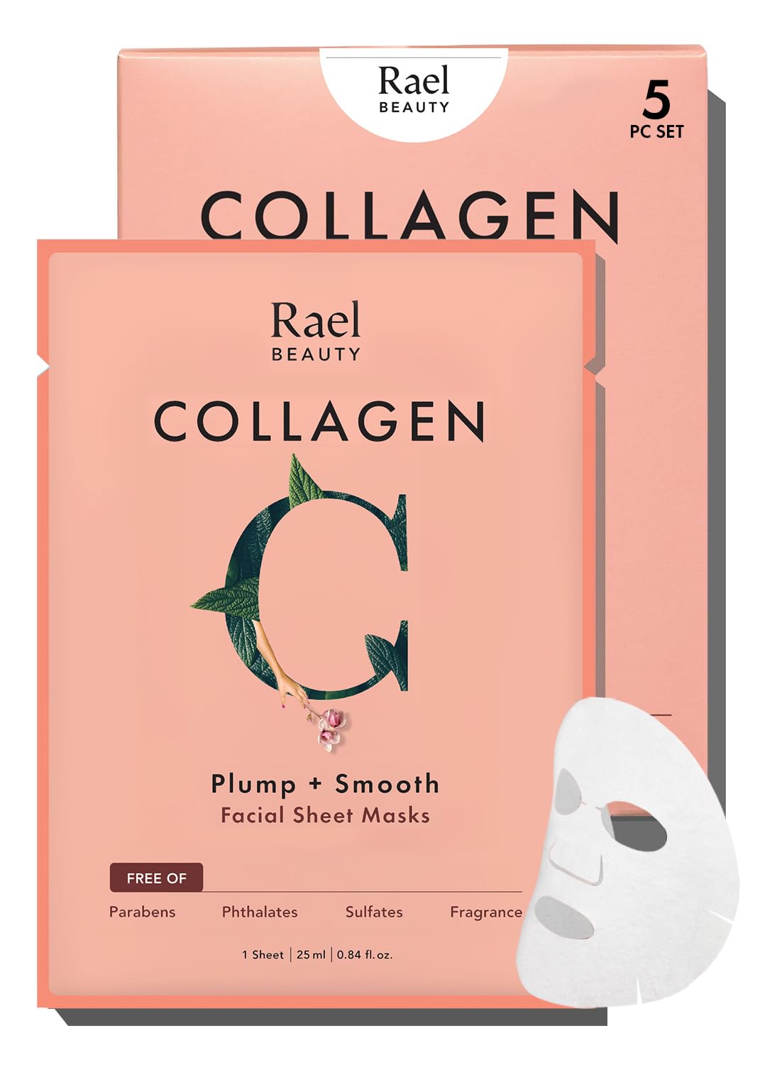 Rael front packaging showing collagen sheet mask benefits and pack design