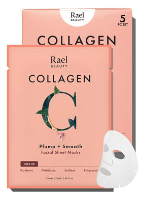 Rael front packaging showing collagen sheet mask benefits and pack design