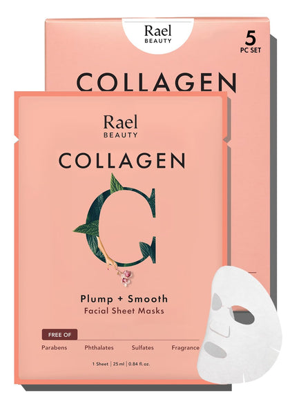 Rael front packaging showing collagen sheet mask benefits and pack design