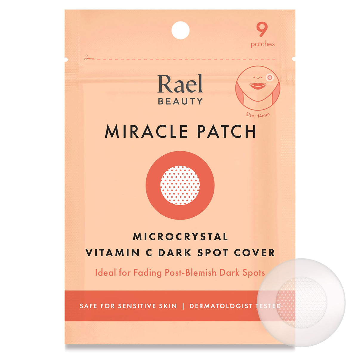 Rael front packaging showing Miracle Microcrystal dark spot patches protects and brightens