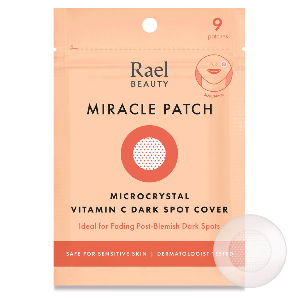 Rael front packaging showing Miracle Microcrystal dark spot patches protects and brightens