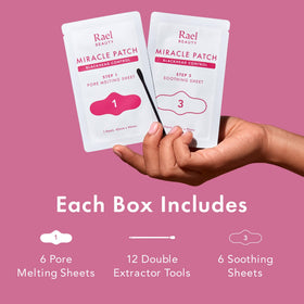 Rael kit laid out showing patch, cotton swab, and soothing sheet for clear pores