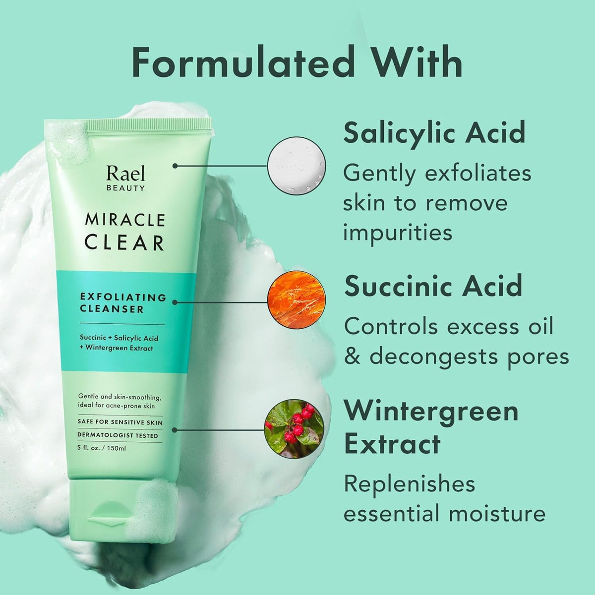 Rael ingredient label close-up showing salicylic and succinic acids, transparency benefit