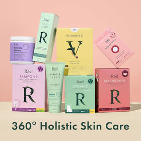 Rael lifestyle shot of model washing face, visible refreshed skin benefit