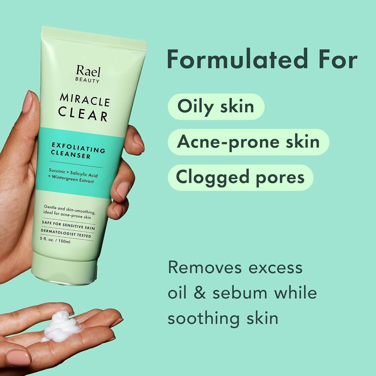 Rael tube being squeezed to show product dispense, convenient use benefit