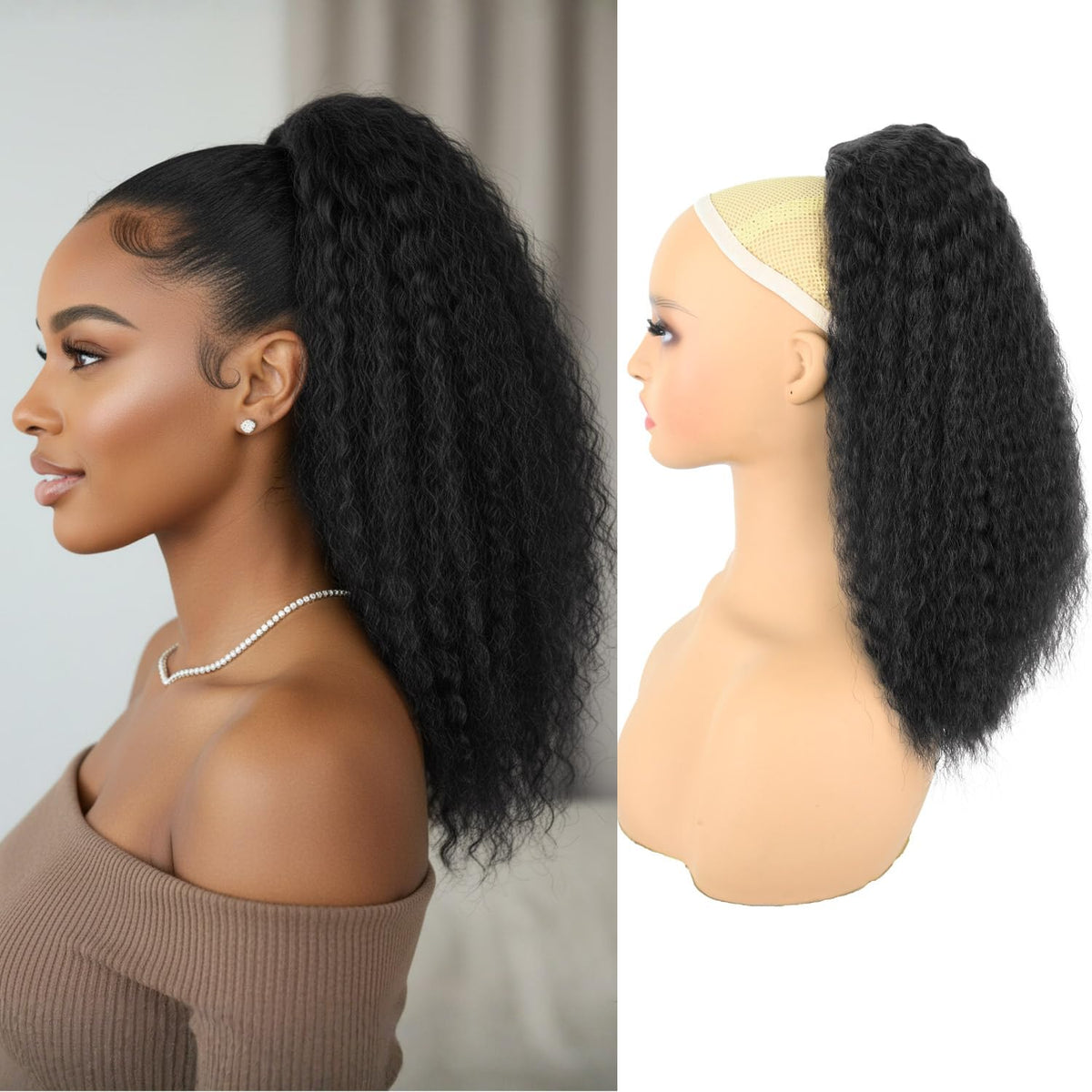 Rafabcici front packaging showing natural black kinky straight ponytail and instant volume