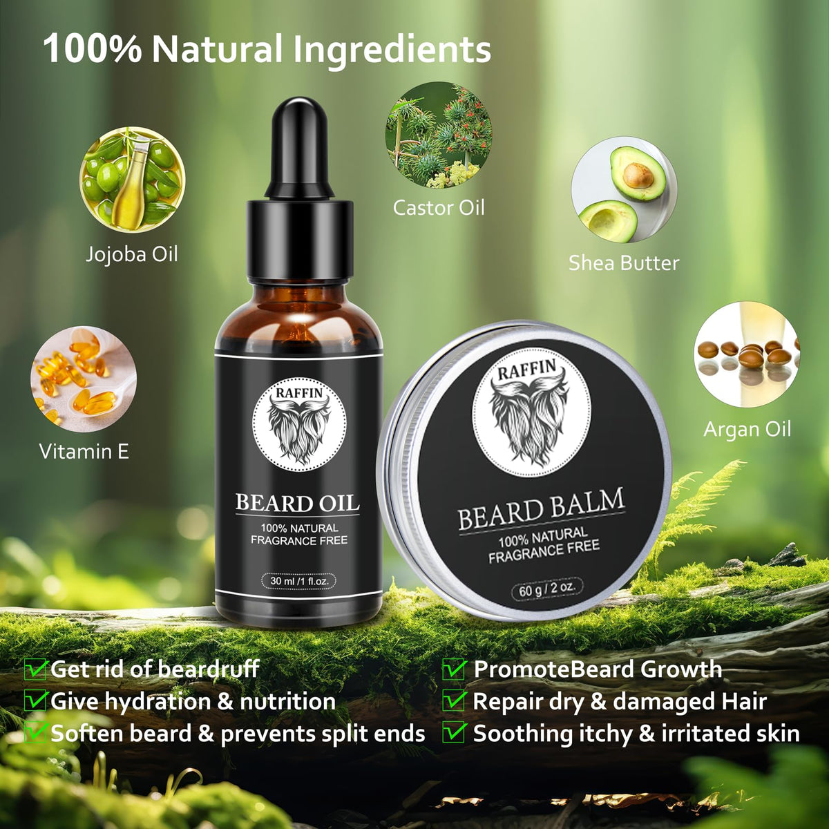 RAFFIN beard balm tin open to reveal smooth balm for styling