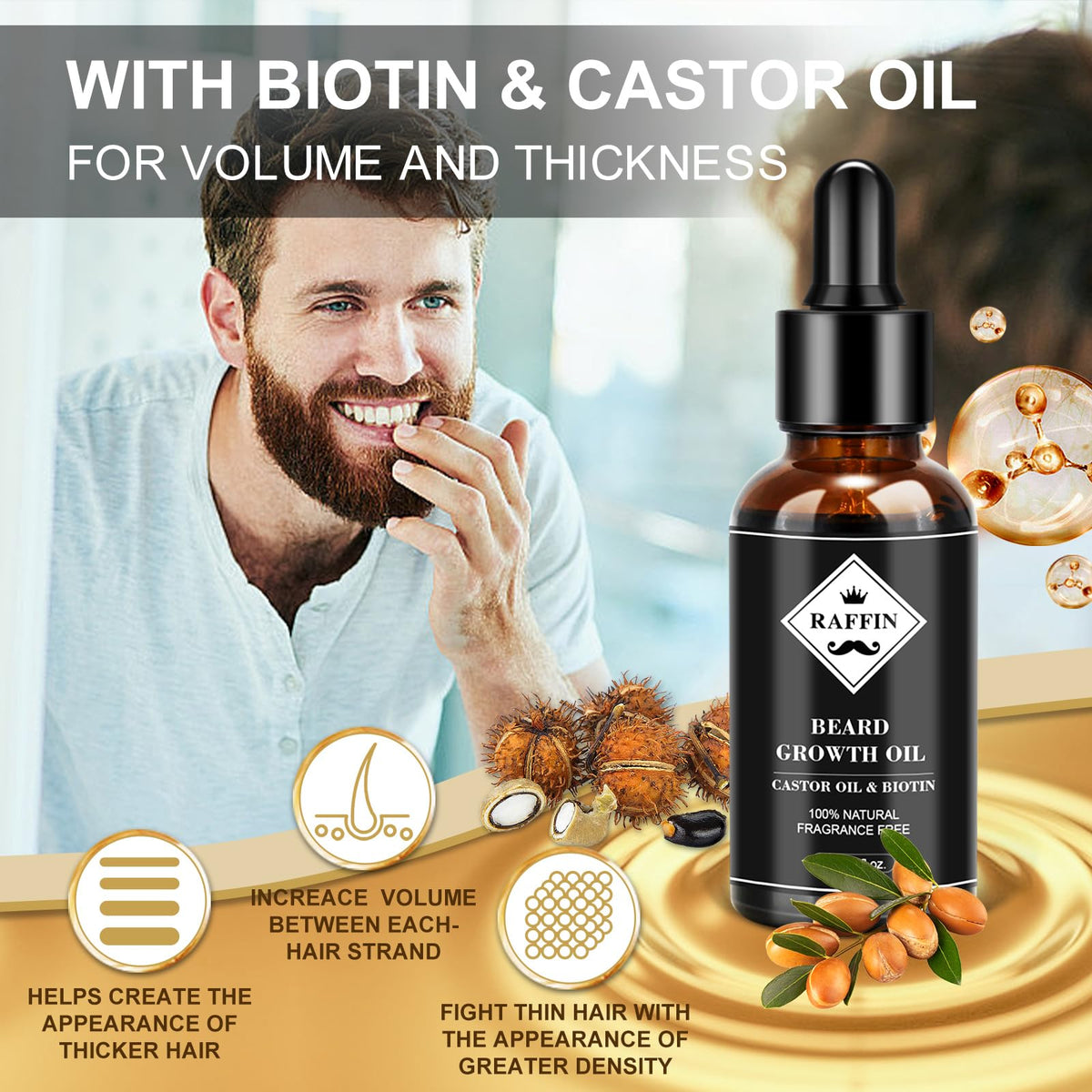 RAFFIN beard oil texture on hands for quick non-greasy hydration