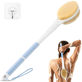 Rafow front view of blue back scrubber showing full brush and handle, easy reach benefit
