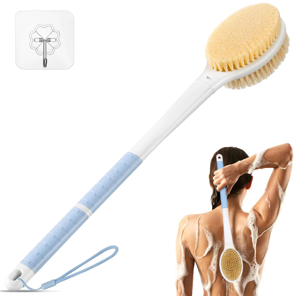 Rafow front view of blue back scrubber showing full brush and handle, easy reach benefit