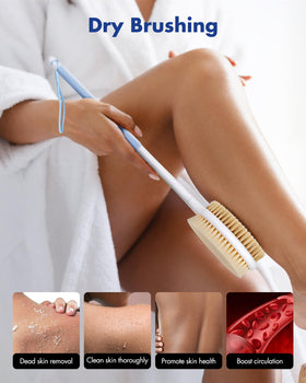Rafow full-length long handle displayed, reaches lower back and legs benefit