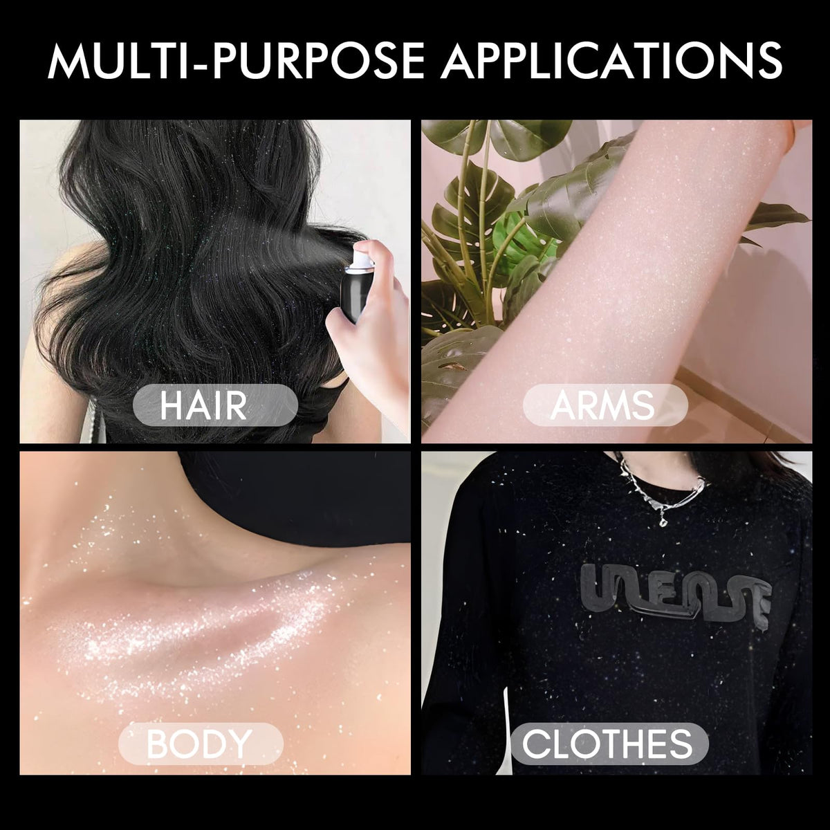 Ragkun glitter on chest and shoulders highlighting reflective shimmer benefit