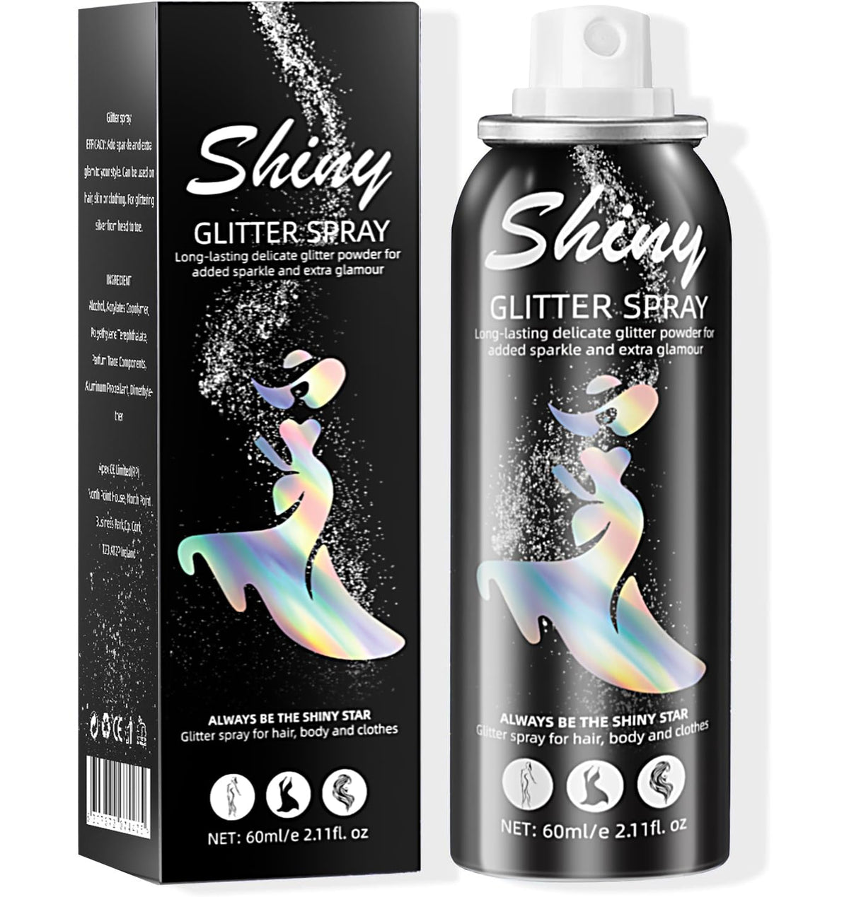 Ragkun front can view showing silver glitter spray and compact packaging benefit