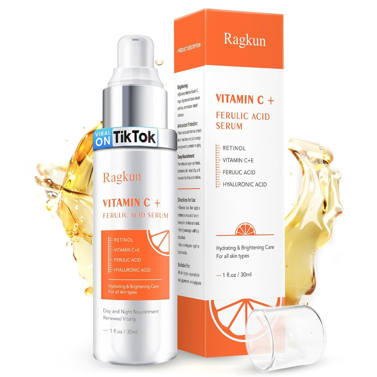 Ragkun front packaging of 1 fl oz vitamin C serum showing bottle and label benefit