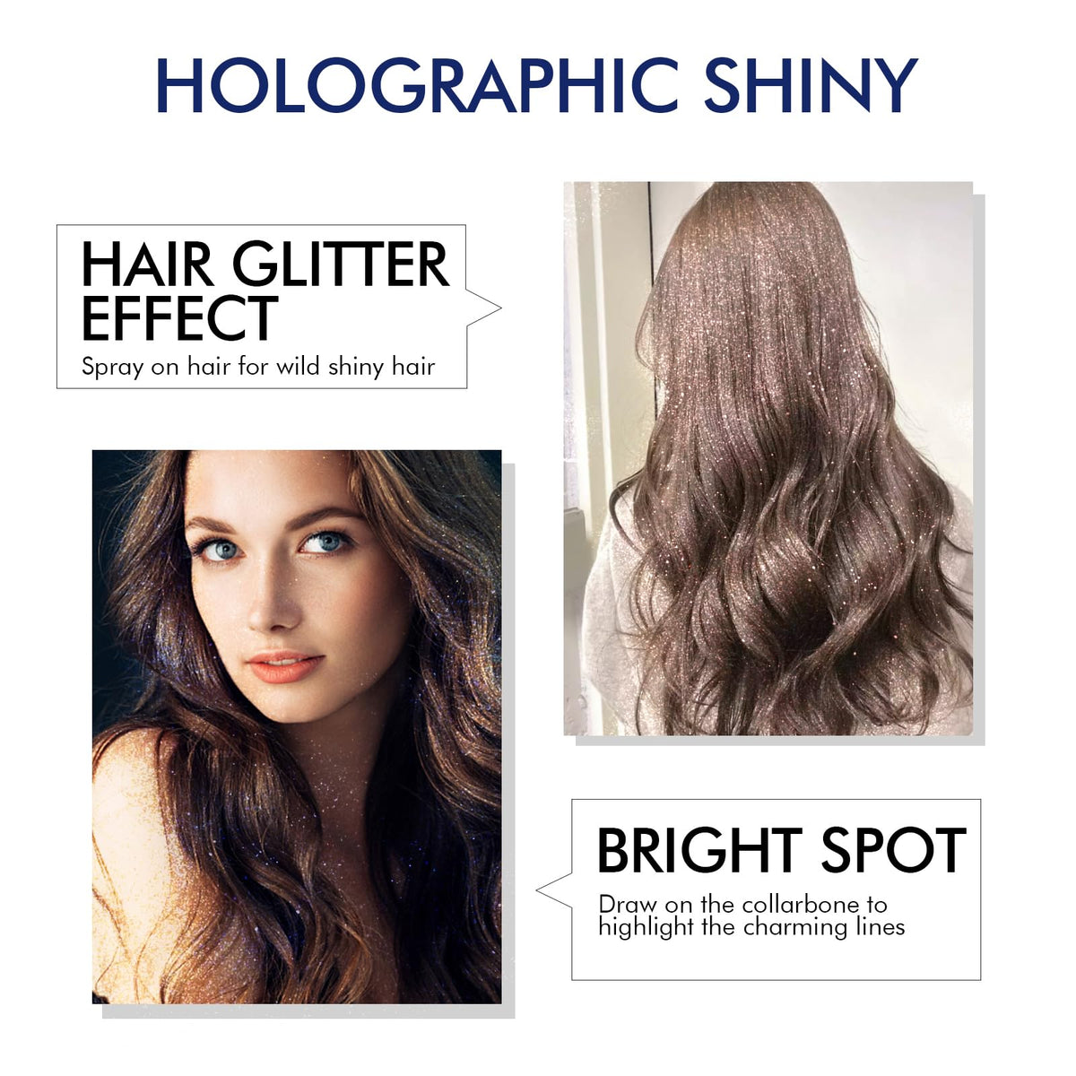 Ragkun applied to styled hair demonstrating quick-dry sparkle for photo-ready looks