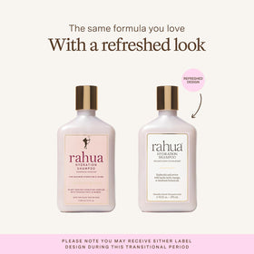 Rahua back label close-up listing ingredients and clean beauty benefits