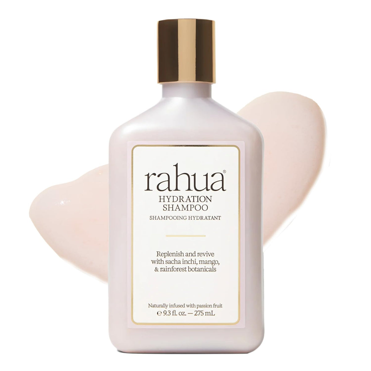 Rahua front bottle showing hydrating shampoo and tropical scent benefits