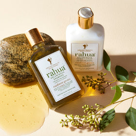 Rahua shampoo pouring from bottle showing easy application