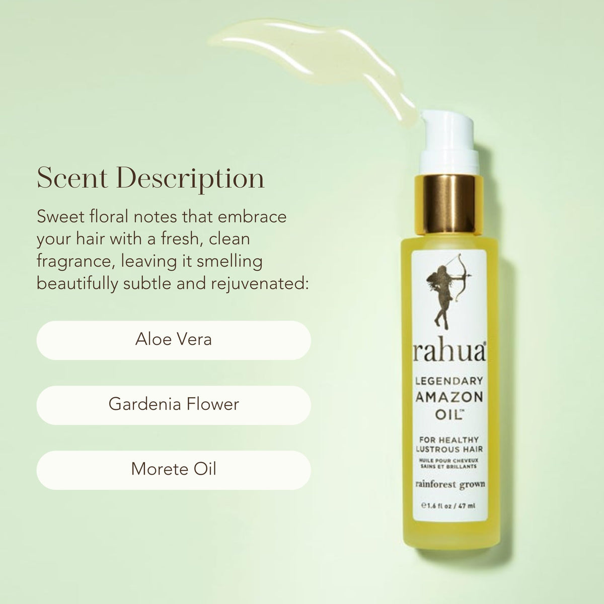 Rahua 1.6 fl oz bottle in hand illustrating compact travel-friendly size
