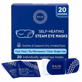 Rain front packaging showing 20 disposable heated eye masks and benefits