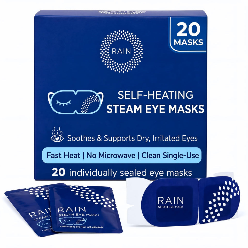 Rain front packaging showing 20 disposable heated eye masks and benefits