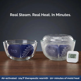 Rain mask in use on relaxed person demonstrating moist heat comfort